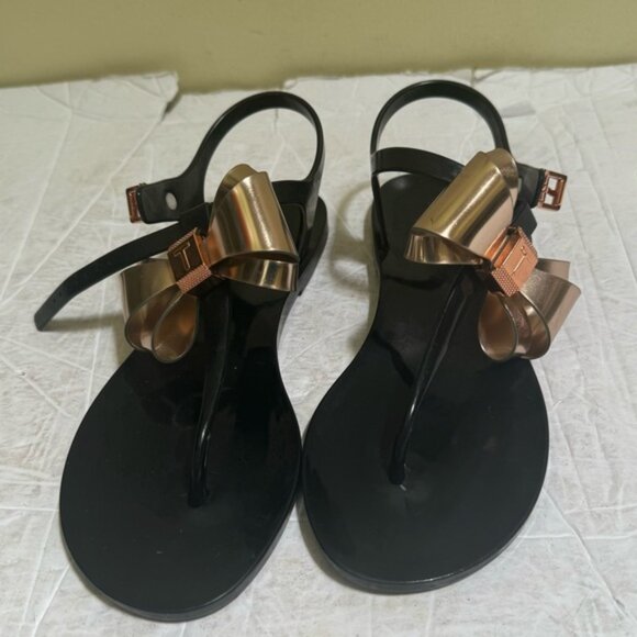 Ted Baker Ainda Rose Gold Bow Ankle TStrap Thong Jelly Bow Sandals Flats Black - Picture 13 of 16